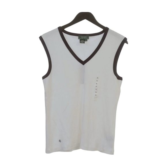 Ralph Lauren XL Cotton White ribbed knit tank top blue trim V neck NWT MSRP 125 - Picture 1 of 4